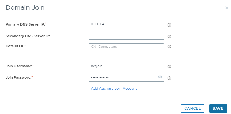 Screenshot of the Domain Join window with the fields filled in with our PoC values.