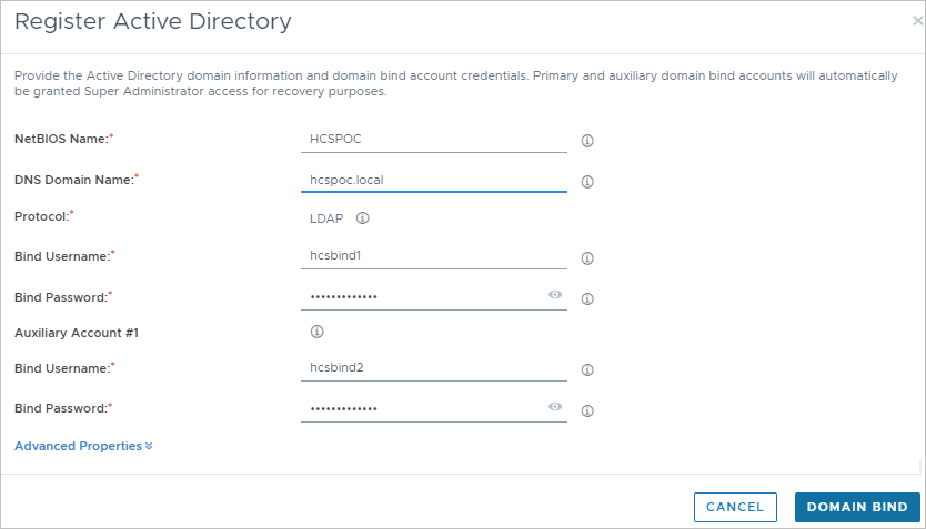Screenshot of the Register Active Directory Domain window with the fields filled in with our PoC values.