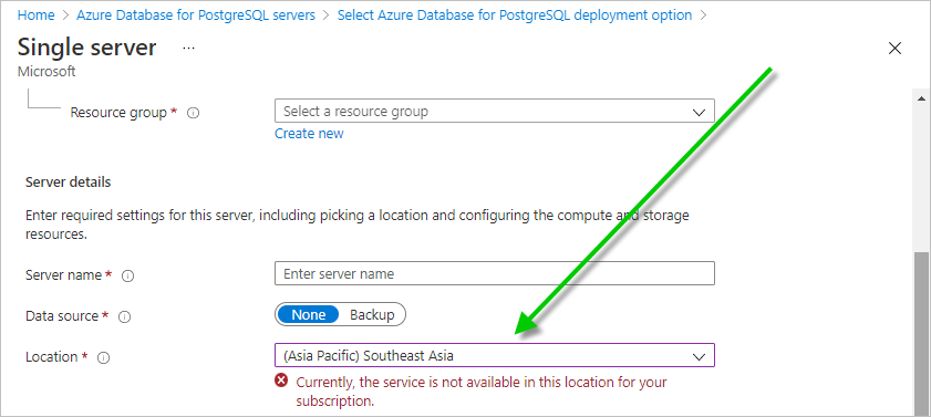 A screenshot shows the Location menu with Southeast Asia selected and the message that the portal displayed to state the service is not currently available in this location for the subscription.
