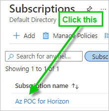 A screenshot of the Subscriptions pane with a green arrow pointing to the new of the subscription to click.