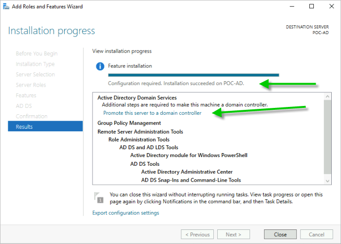 Screenshot depicting the Installation completed UI with green arrows pointing to the Installation succeeded text and the next step to Promote this server to a domain controller..
