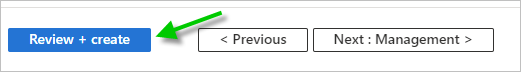 Screenshot of the Review + create button at the bottom of the Create a virtual machine wizard and a green arrow pointing to that Review + create button.