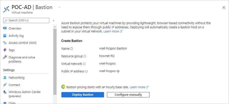 Screenshot example of what the portal displays after you click Connect > Bastion for the VM.