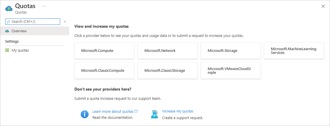 This screenshot depicts the Quotas pane in the Azure Portal.