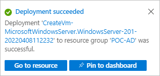 Screenshot of the deployment succeeded message displayed in the Azure Portal. You can use the Go to resource button to go to the newly created VM.