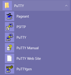 Screenshot of the PuTTY tools as they appear in the Microsoft Windows 10 Start menu