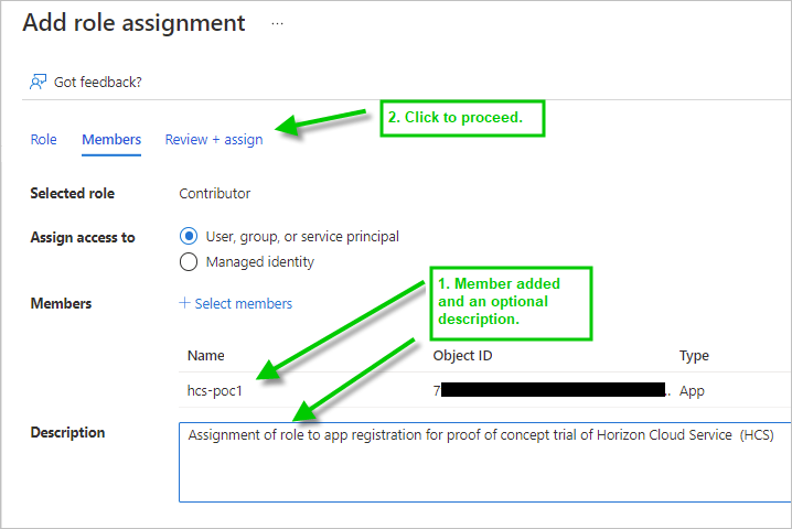 Screenshot of our app registration as a member and our optional description and arrows pointing to them and to the Review + assign button.