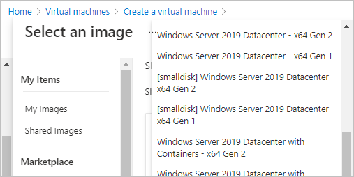 Screenshot of the Windows Server choices after clicking Select on the Windows Server tile in the Select an image pane.