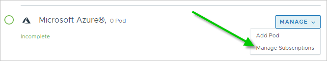 Screenshot of the Manage menu with a green arrow pointing to the Manage Subscriptions choice.