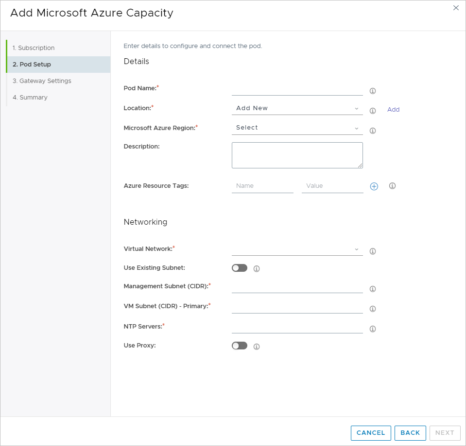 Horizon Cloud on Microsoft Azure: Step 2 of the pod deployment wizard prior to making selections or inputting information.
