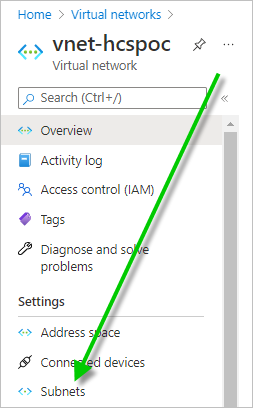 Screenshot of the VNet in the Azure Portal and green arrow pointing to the Subnets menu.