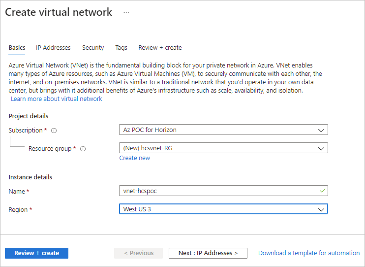 A screenshot showing the Name and Region details in the Create virtual network wizard.