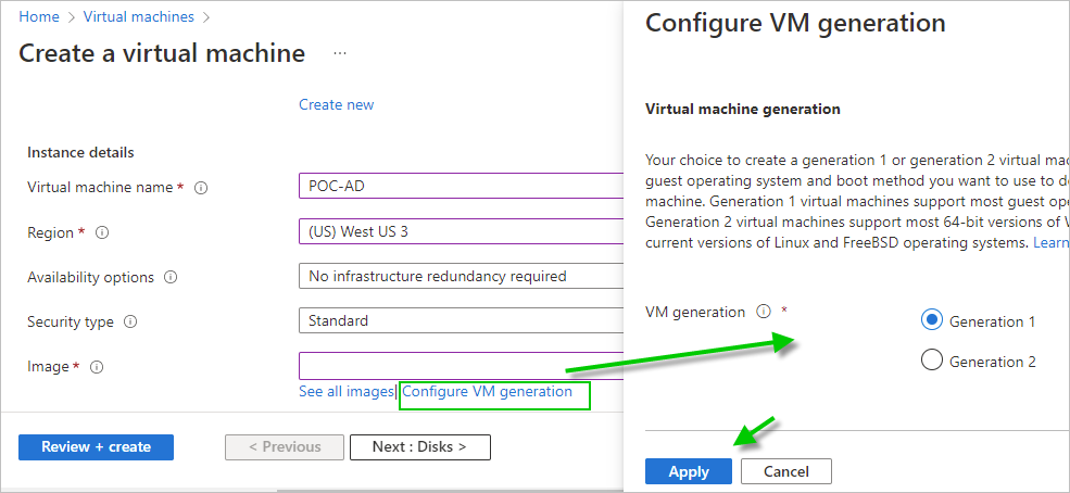 Screenshot with a green box around the Configure VM generation link and a green arrow pointing to the displayed Configure VM Generation UI and another green arrow pointing to the Apply button.