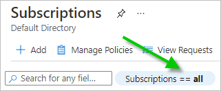 A screenshot of the Subscriptions filter in the Azure Portal's Subscriptions pane, showing that the filter is set to all.