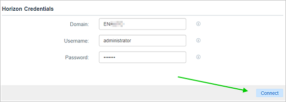 Screenshot that is a sample illustration of the wizard's Horizon Credentials area of the UI with some values typed into the fields and a green arrow pointing to the Connect button. Screenshot that is a sample illustration of the wizard's Horizon Credentials area of the UI with some values typed into the fields and a green arrow pointing to the Connect button.