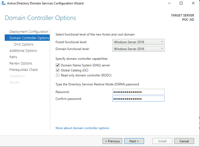 Screenshot of the Domain Controller Options for our PoC.