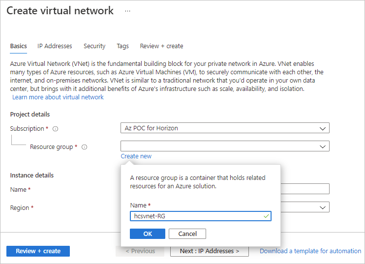 A screenshot of the Create virtual network wizard and the resource group naming window after you click Create new.