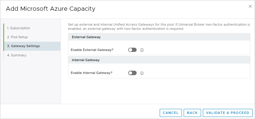 Screenshot of our wizard's Gateway Settings step with the toggles off.
