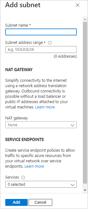 Screenshot of the Azure Portal's Add subnet UI.