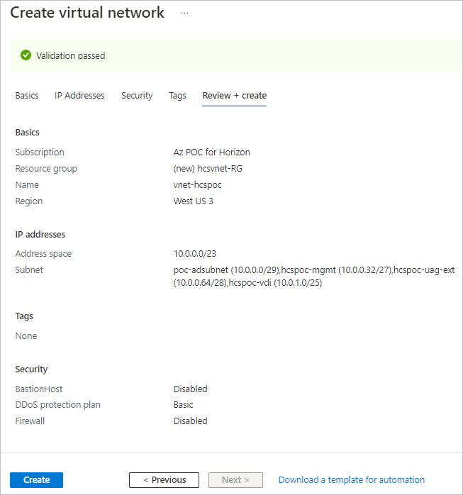 Screenshot of the final Review + create tab of the Create virtual network wizard.
