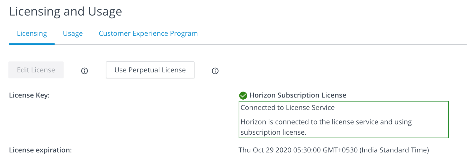 Screenshot of the Horizon Pod Administration Console and the Connected to License Service message that is displayed there. Screenshot of the Horizon Pod Administration Console and the Connected to License Service message that is displayed there.