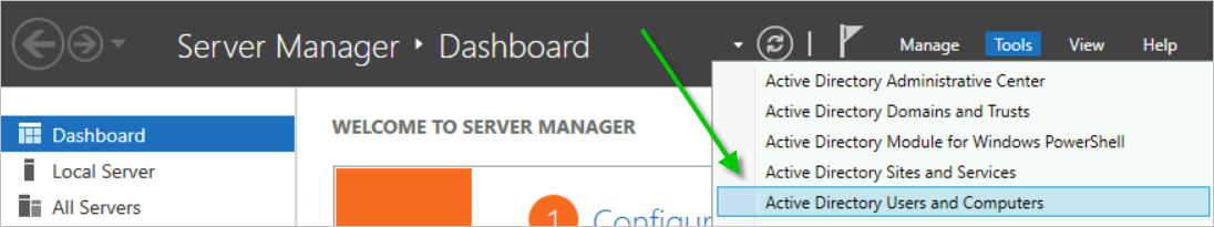 Screenshot of the location of the Tools menu and the Active Directory Users and Computers choice.