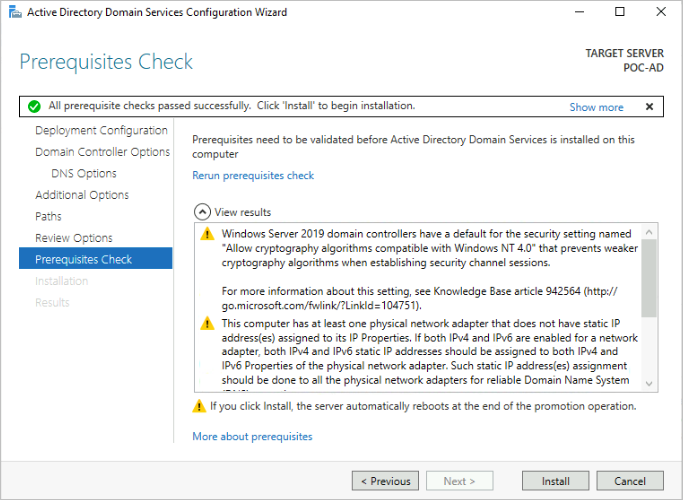 Screenshot of what we saw in our Prerequisites Check step.