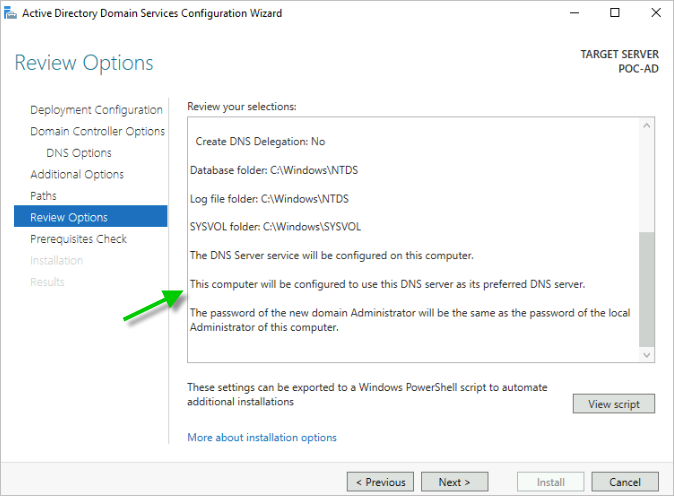 Screenshot of the Review Options screen with a green arrow pointing to the sentence about the computer will be configured to use this DNS server as its preferred DNS server.