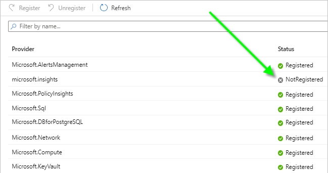 Resource providers screen with a green arrow pointing to one that is unregistered.