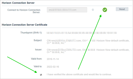 Screenshot that is a sample illustration that depicts how the UI changes when you check that check box to indicate that you have verified the displayed certificate, with a green arrow pointing to that check box. The orange triangle changes to a green circle with a white checkmark inside of it. This screenshot has a second green arrow to point out the relationship between checking the check box and that green circle with the white checkmark inside of it that will appear.