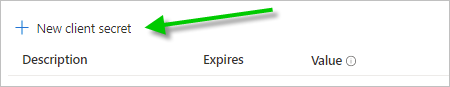 Screenshot that shows the New client secret action and a green arrow pointing to it.