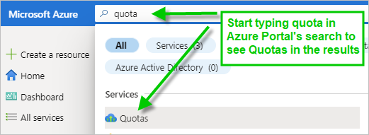 This screenshot shows the search bar in the Azure Portal with the word quota in the search and the search results below showing the Quotas icon.