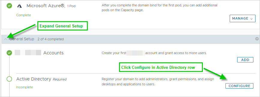 Screenshot of the General Setup section expanded showing the Active Directory row and the Configure button with green arrows pointing to each of them.