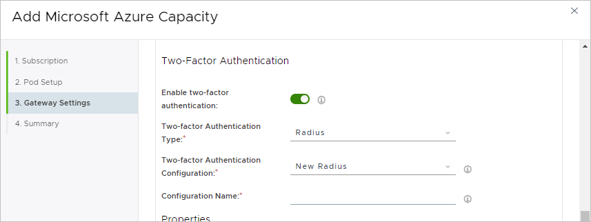 Horizon Cloud on Microsoft Azure: Pod deployment wizard's two-factor authentication fields in their initial state after enabling the toggle to enable two-factor authentication. Horizon Cloud on Microsoft Azure: Pod deployment wizard's two-factor authentication fields in their initial state after enabling the toggle to enable two-factor authentication.
