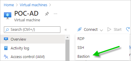 Screenshot of the VM's Connect menu with a green arrow pointing to the Bastion choice.
