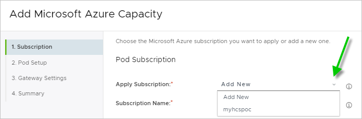 Screenshot of the Apply Subscription menu and a green arrow pointing to it.