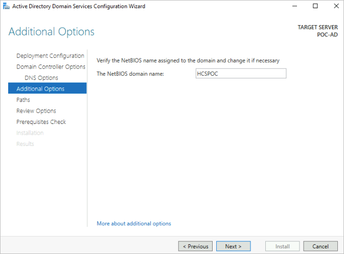 Screenshot of the NetBIOS name that the wizard defaults to based on the entered domain name.