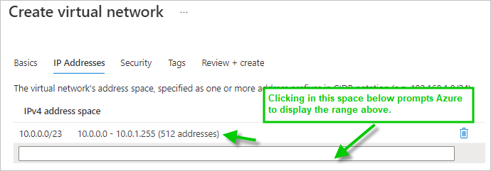 Screenshot of 10.0.0.0/23 entered into the IPv4 address space field and the range is displayed when you click into the space below the value.