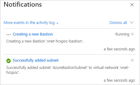 Screenshot of the notification activity in the Azure Portal when we did the Deploy Bastion step.