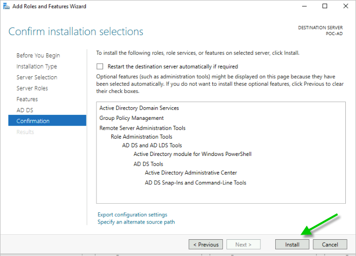 Screenshot of the Confirmation step of the Add Roles and Features wizard with a green arrow pointing to the Install button.