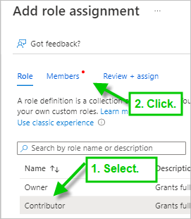 Screenshot of the Azure Portal's Add role assignment pane with green arrows to Contributor selected and the Members tab.