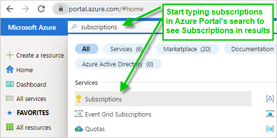 This screenshot shows the search bar in the Azure Portal with the word subscriptions in the search and the search results below showing the Subscriptions icon.