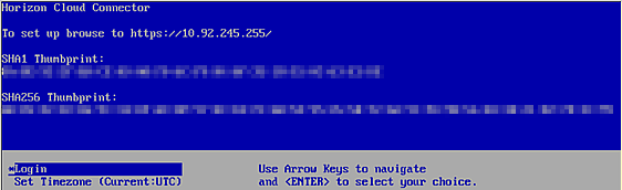 Blue console of the Horizon Cloud Connector as it appears in the vSphere Client.