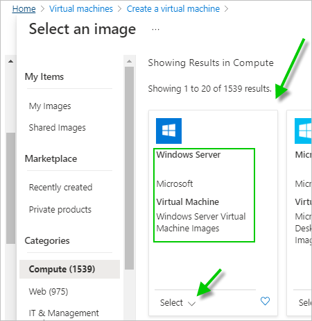 Screenshot of the Azure Portal's Select an image pane with the Windows Server tile visible and green arrows pointing to the time and its Select menu.