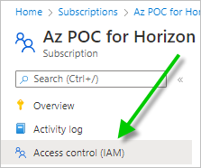 Screenshot of our subscription details pane with the Access control (IAM) choice visible and a green arrow pointing to it.