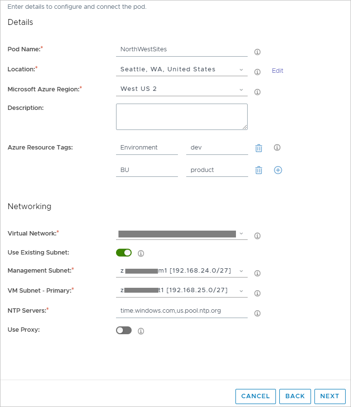 Step 2 of the deployment wizard displaying filled-out fields