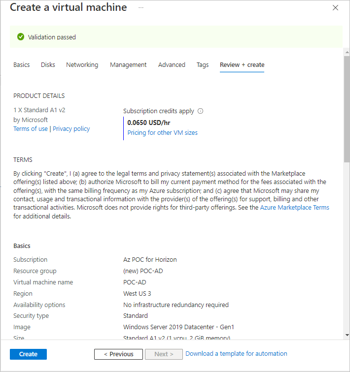 Screenshot of the Validation passed message and the summary of the choices we made in the Create a virtual machine wizard.