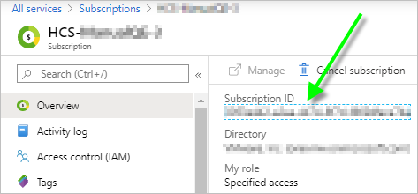 Subscription details in the Azure portal with IDs pixelated out and a green arrow pointing to the ID.