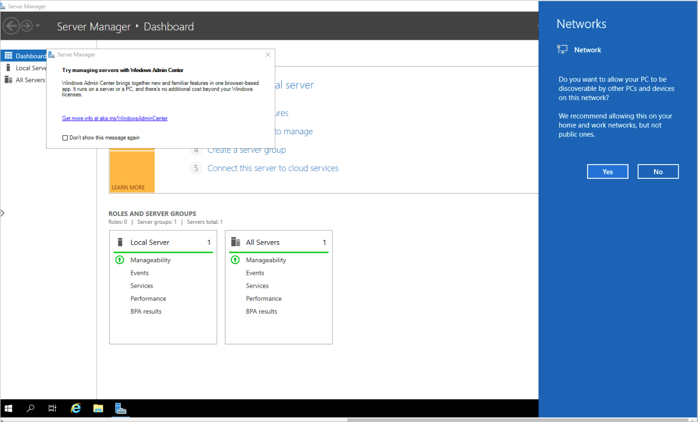 Screenshot that depicts the initial Windows Server 2019 desktop after connecting to the VM.