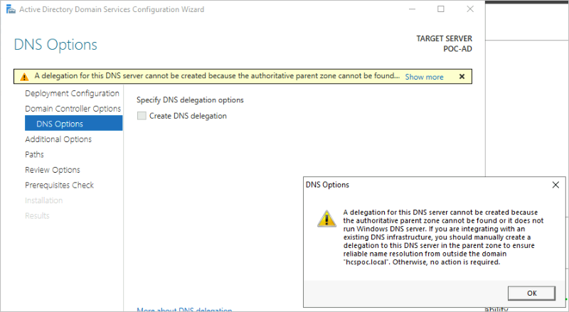 Screenshot depicting the DNS Options step and the yellow message that we saw.